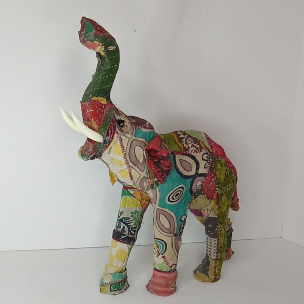 Vintage Paper Mache Patchwork Fabric Elephant Statue